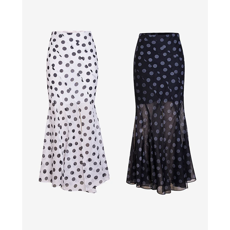 TRACY CHU 欧若风小千谷缩黑/白色波点创意款显瘦鱼尾半裙中长款