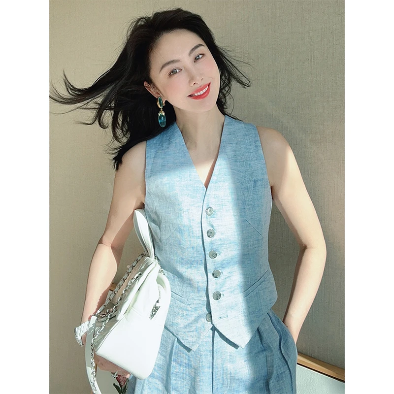 TRACYCHU时尚风气质名媛修身显瘦蓝色亚麻休闲工字型v领无袖马甲