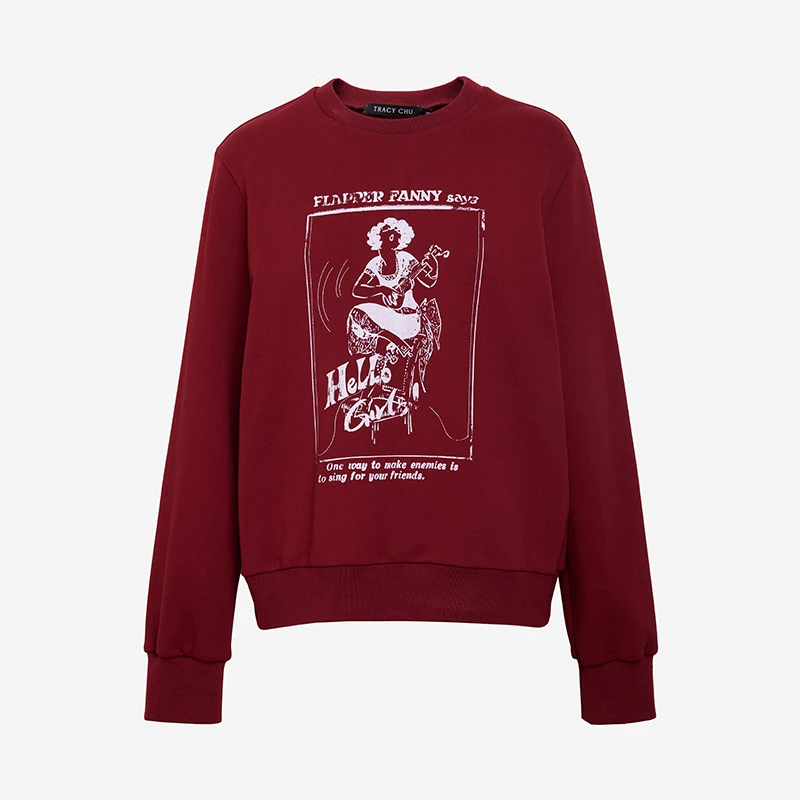 TRACYCHU秋冬出游红色长袖宽松圆领休闲印花运动舒适百搭洋气卫衣