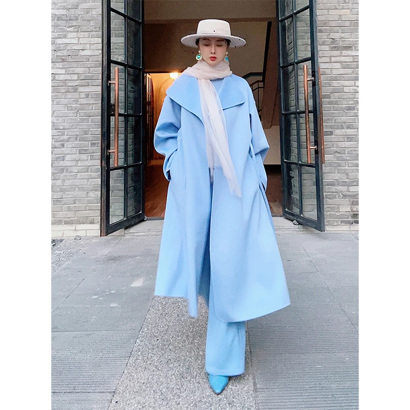 TRACYCHULP原绒babycashmere小山羊绒千金洋气翻领抽绳裙羊绒大衣