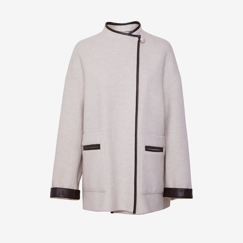 TRACYCHU时尚老钱风驼绒混绵羊毛女士简约中长奶茶色大衣冬季新款