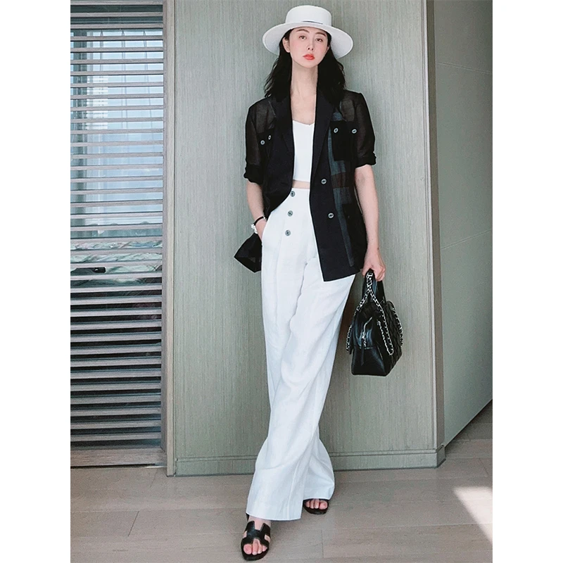 TRACYCHU【现货】名媛女神设计感白色亚麻气质舒适高腰显瘦休闲长裤