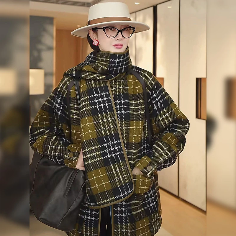 TRACYCHU橄榄绿保暖格仔两件套围巾大衣富家千金清冷感贵系慵懒感