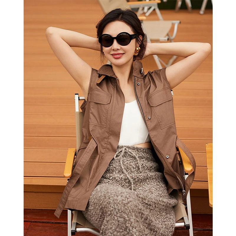 TRACYCHU【现货】橄榄绿色老钱风重工棉女士款小众连帽马甲秋季新款