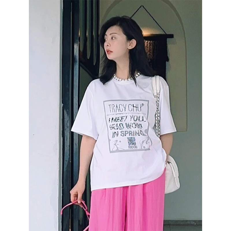 TRACY CHU时尚休闲显瘦百搭小众印花圆领韩版棉白色大轮廓型T恤