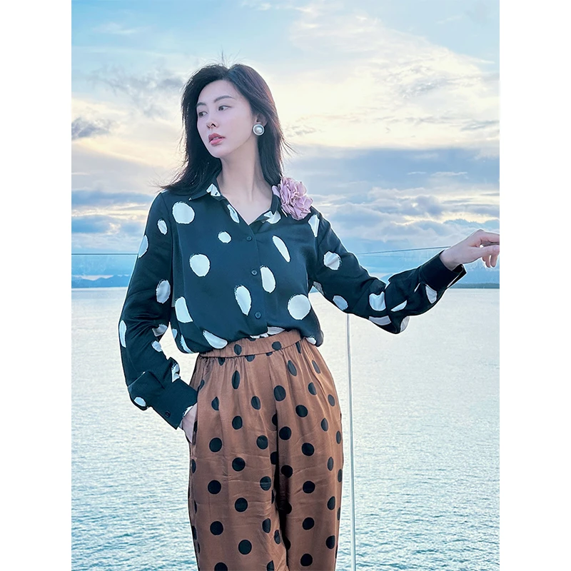 TRACYCHU显瘦气质法式印花高贵藏青色大波点经典百搭衬衫百搭洋气