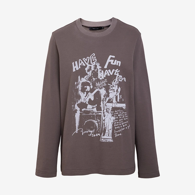 TRACY CHU咸菜绿棉质长袖洋气百搭T恤纯棉打底宽松圆领款温婉大方