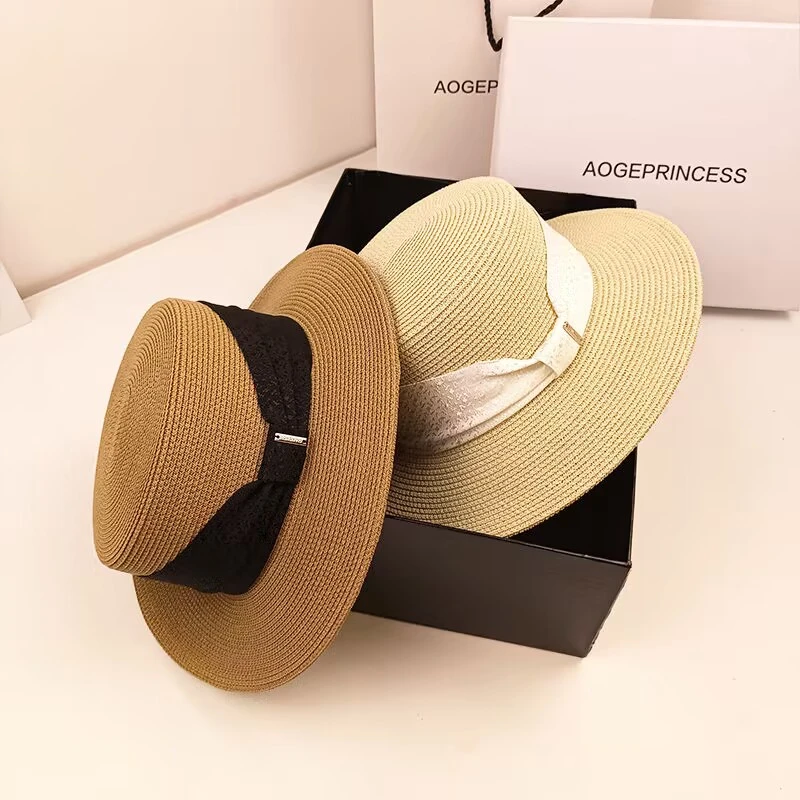 法式遮阳日系平顶草帽女夏海边草编帽子年爆款女防晒平檐太阳帽