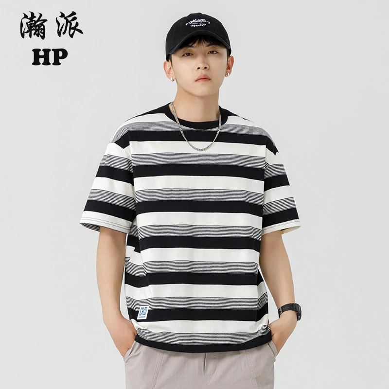 瀚派男士条纹t恤夏季经典黑白撞色半袖衫潮流宽松圆领短袖情侣T恤