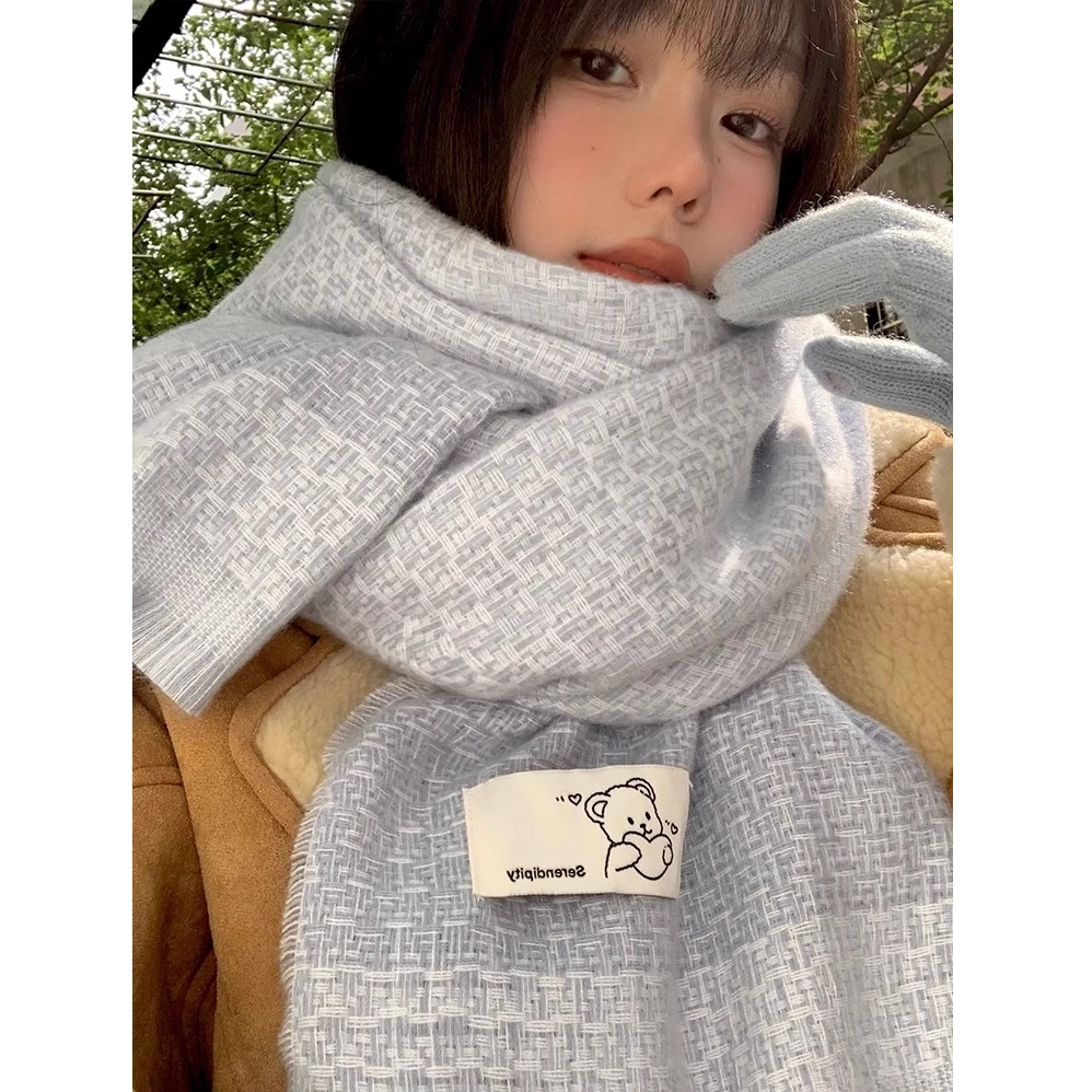 可爱小熊贴布蓝色针织围巾女2024年秋韩版冬日氛围感加厚保暖围脖
