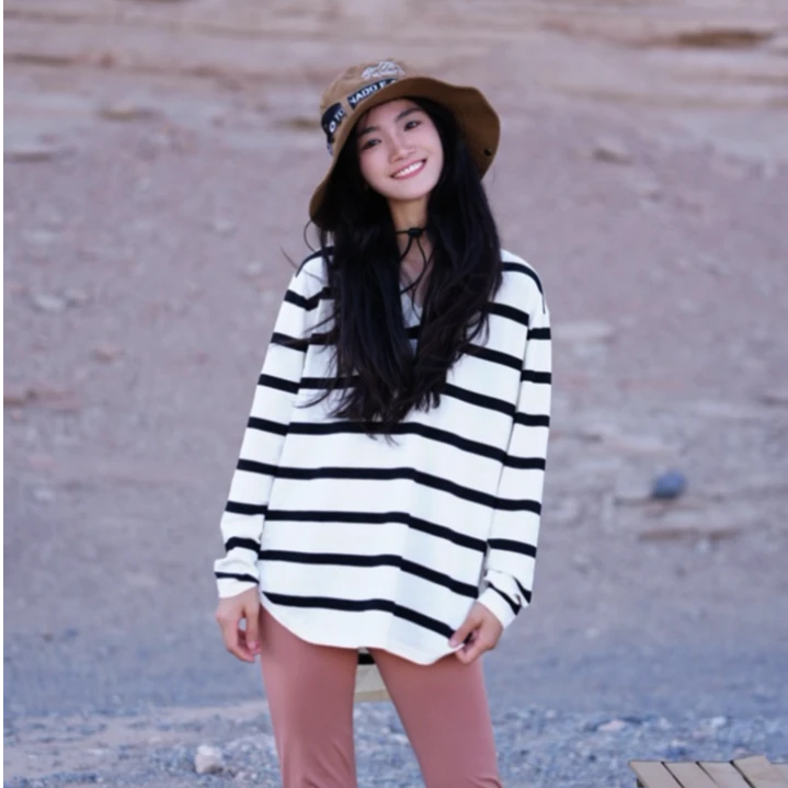 CHUN·「圣马力条纹V领衫 」显瘦休闲时尚百搭宽松韩版气质休闲文艺
