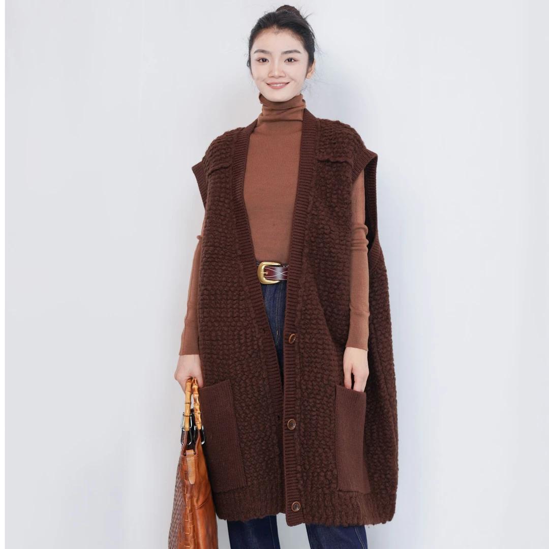 CHUN·「波西塔羊针织长马甲」气质时尚休闲宽松中长款无袖百搭简约