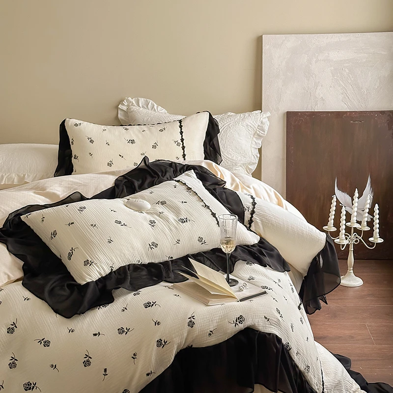 A类母婴级全棉双层皱皱纱四件套法式蕾丝大花边被套柔软裸睡床品