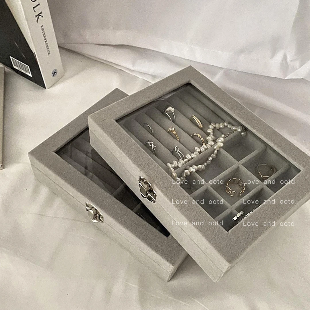 高级感灰色丝绒首饰盒项链戒指收纳盒防尘盒【交个朋友专属】