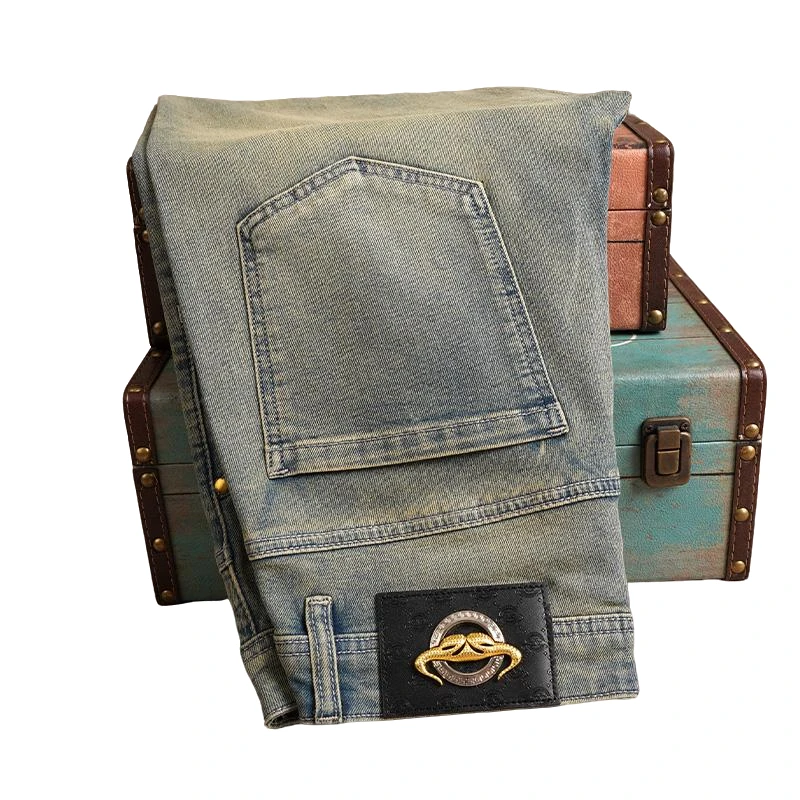 狄佛蒙特美式复古牛仔裤小直筒修身潮牌怀旧水洗做旧黄泥色男款裤