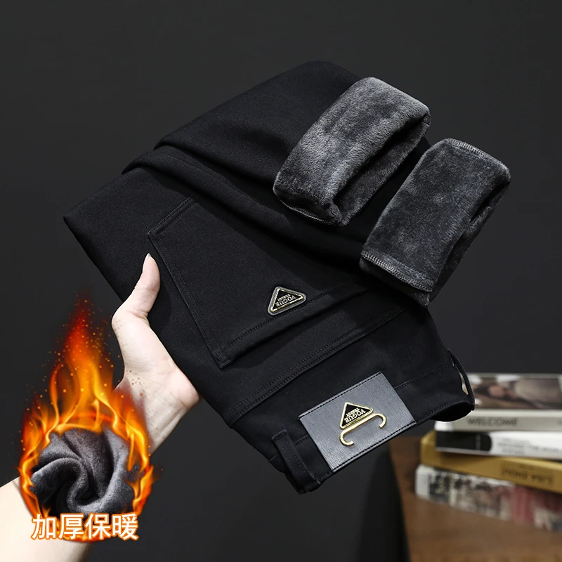 狄佛蒙特牛仔裤男士修身直筒加绒厚款冬季保暖加绒牛仔裤男款