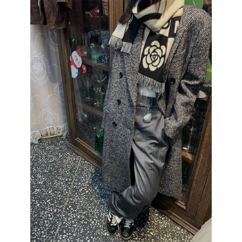 HANSCO/ 绅士西裤/人字纹羊毛高腰阔腿西装裤H2307AKZ067