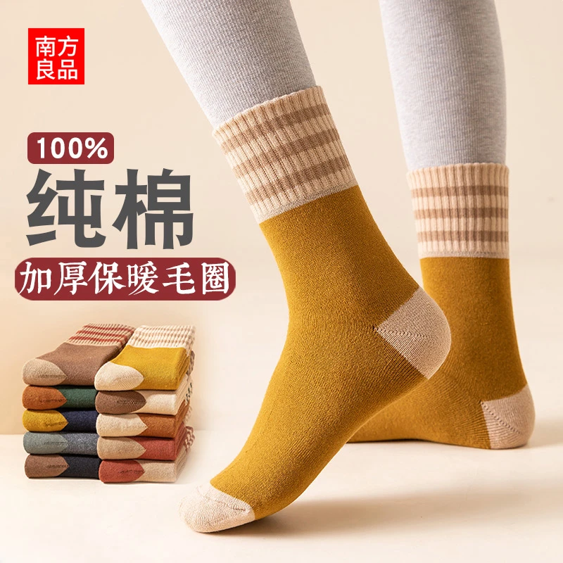 加厚袜子女冬季保暖东北加绒棉袜冬天复古短靴长袜纯棉袜条纹文艺