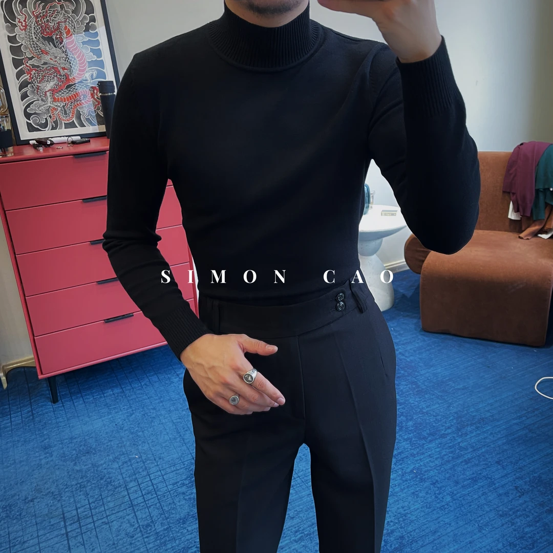 【西蒙曹】丝光包芯纱长袖保暖修身高领半高领针织打底毛衣