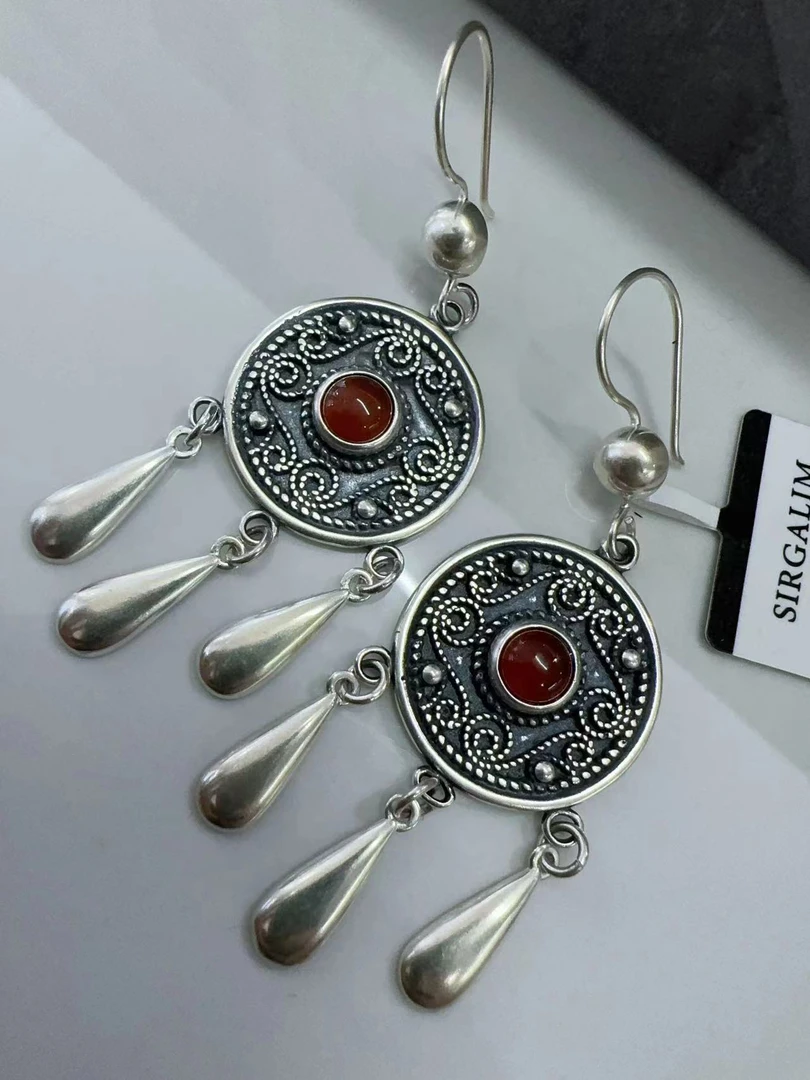 925银耳饰 SIRGALIM银饰  复古红色耳环