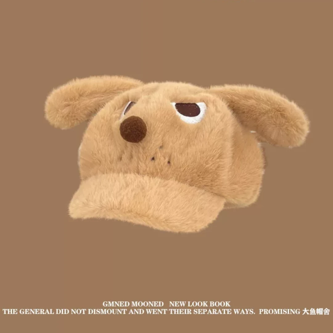 新款日系发怒小狗毛茸茸鸭舌帽子女秋冬季卡通可爱保暖棒球帽帽檐