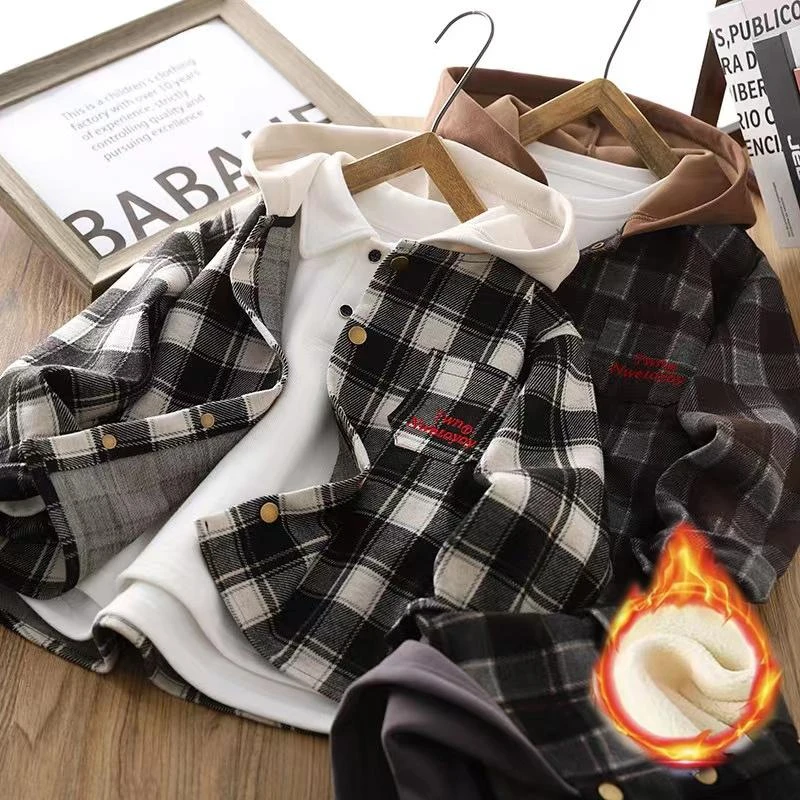 男童时尚冬季加厚外套2024春秋款大童男潮流格子长袖连帽上衣童装