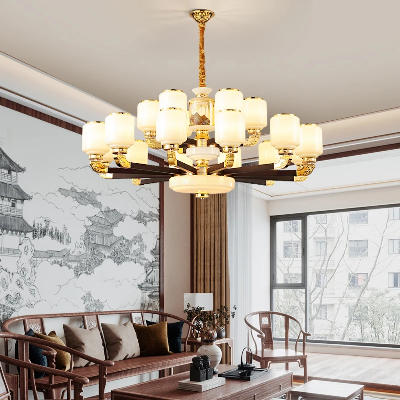 K金色黄铜新中式实木客厅复式楼吊灯中国风餐厅主灯别墅售用灯具