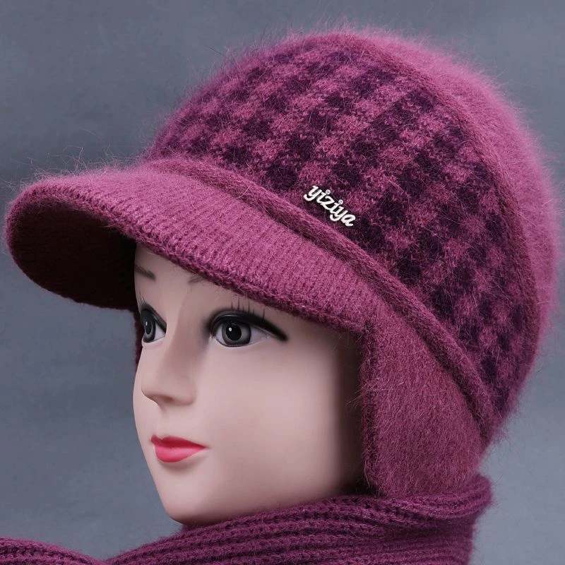 冬季中老年妈妈帽子女兔毛针织帽加绒厚保暖护耳奶奶老太太毛线帽