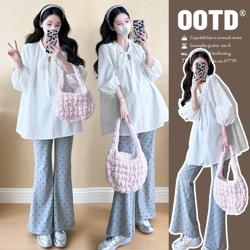 2025新款早春韩系时尚宽松蝴蝶结系带长袖上衣+波点喇叭裤