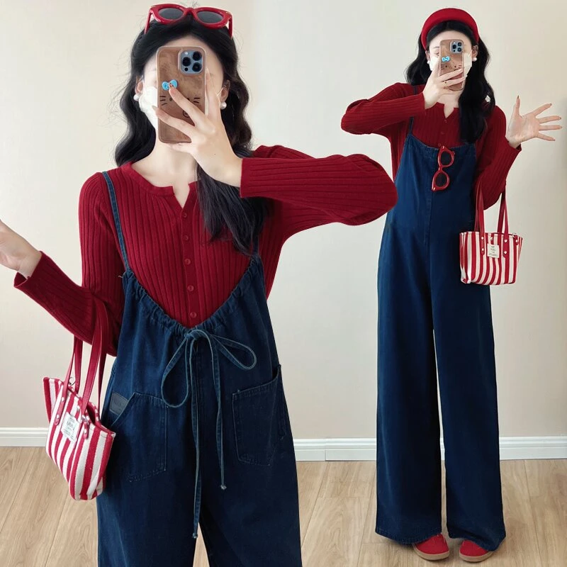 小个子 孕妇牛仔背带裤正反两穿+针织开衫上衣孕妇背带裤套装