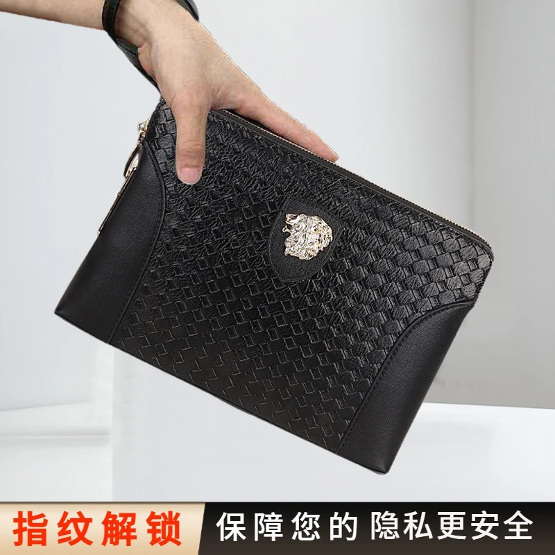 黑色真皮高档指纹解锁手拿包休闲时尚手抓包牛皮编织纹商务手包