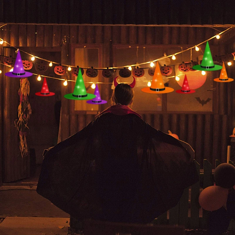 M万圣节灯串巫师帽服装道具魔法巫婆帽儿童成人派对发光帽
