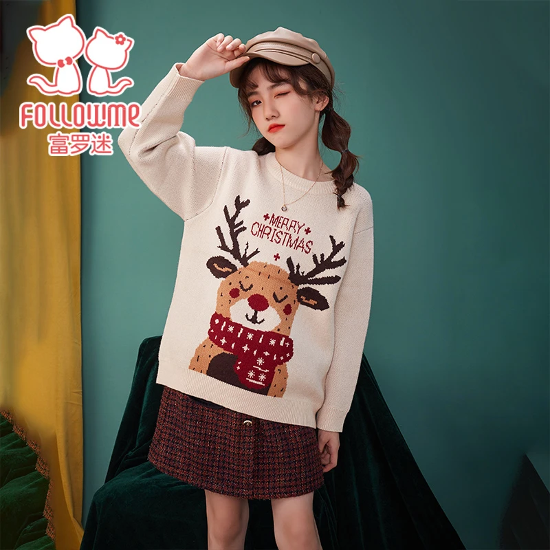 富罗迷女童毛衣女孩麋鹿圣诞款宝宝针织上衣F1D9539M