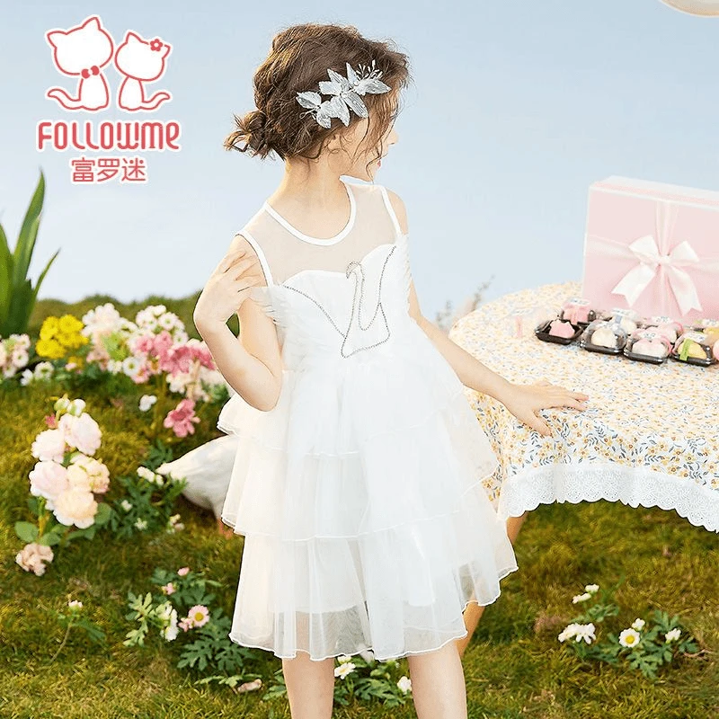 富罗迷女童连衣裙夏季新款时尚小女孩水钻白色网纱公主裙F2B7294L