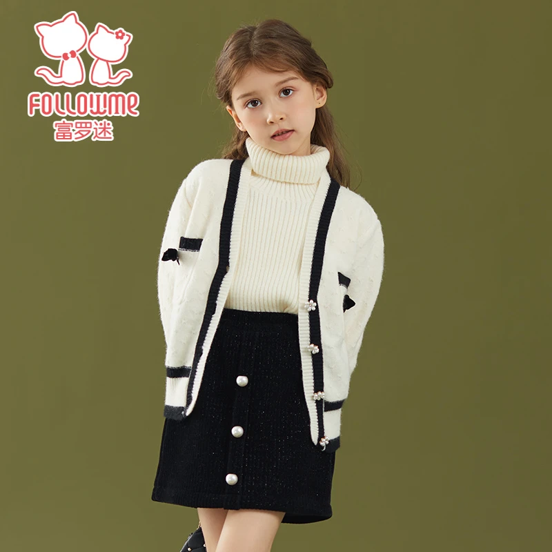 富罗迷童装淑女风针织衫开衫外套冬季小女孩洋气百搭毛衣F2D7894M