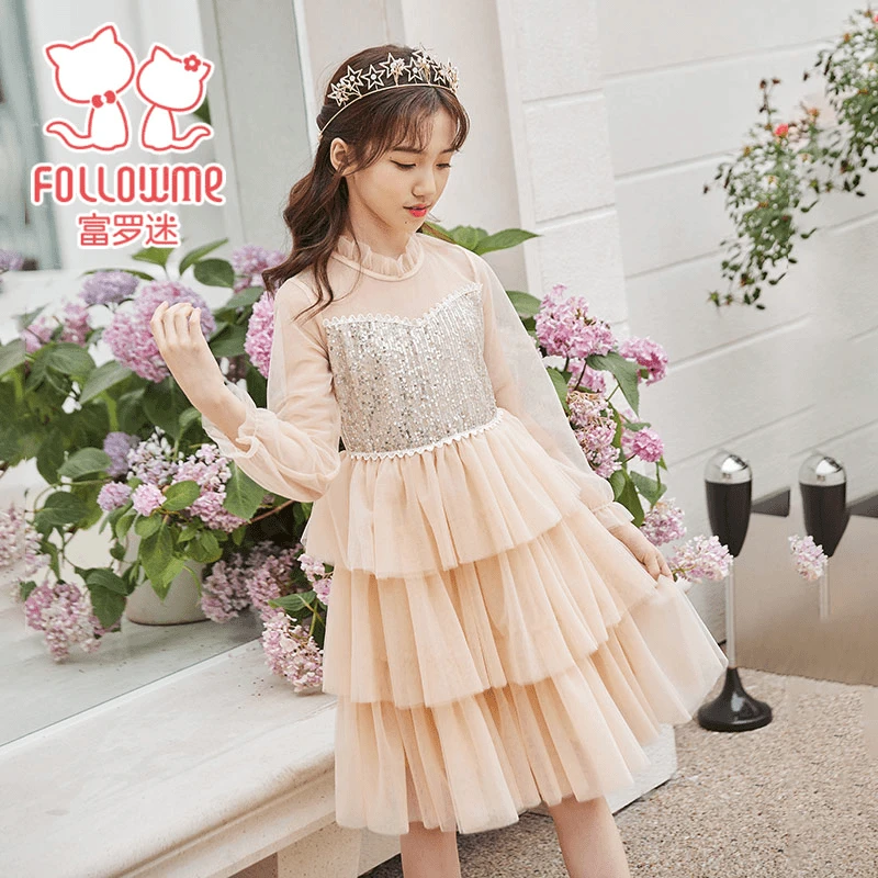 富罗迷童装女童连衣裙春秋时尚洋气网纱蛋糕裙大童裙子F2C7739L