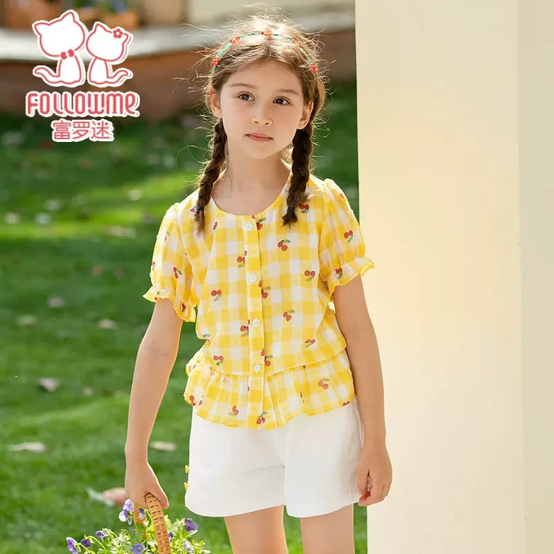 富罗迷儿童装女童套装夏季小清新吸汗短袖短裤两件套F2B7372T