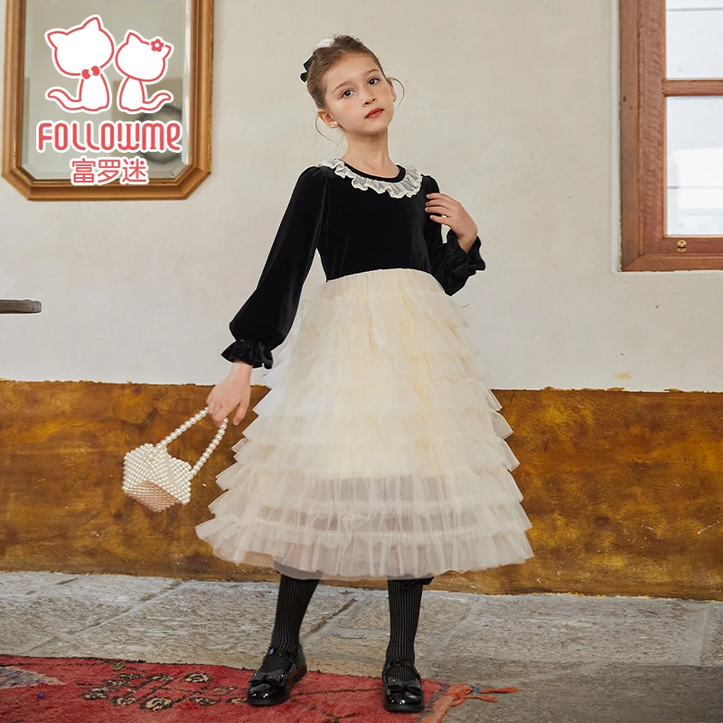 富罗迷女童连衣裙秋冬洋气时髦小女孩公主裙重工礼服裙子F3D8599L