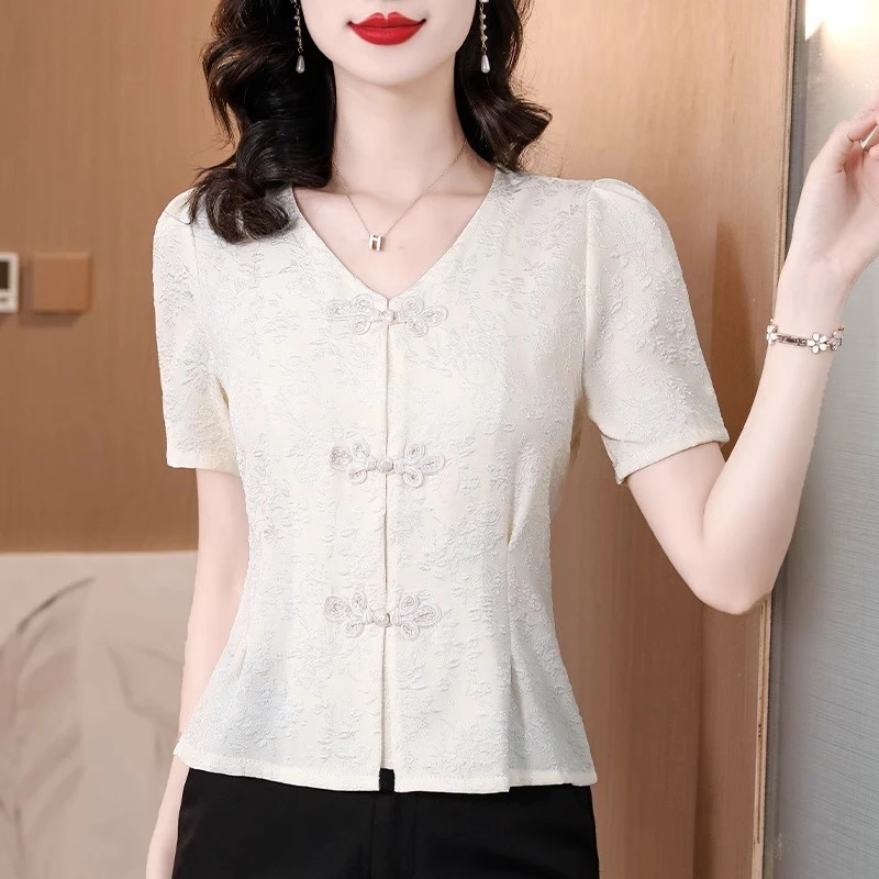 国风盘扣雪纺衬衫女装短袖夏季2024新款收腰气质小衫修身短款上衣
