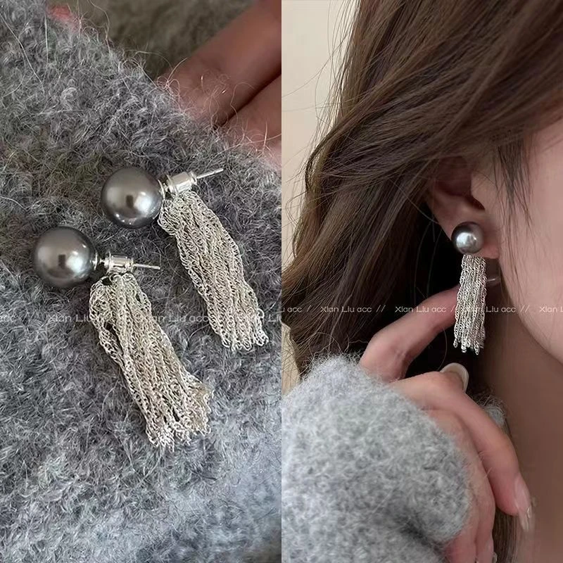 锌合金耳饰 一款两戴灰色链条流苏耳钉女气质高级耳环秋冬耳饰