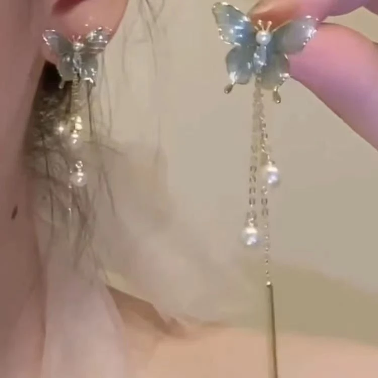 锌合金耳饰 薄荷绿渐变蝴蝶流苏耳钉女小众耳环中国风耳饰耳坠