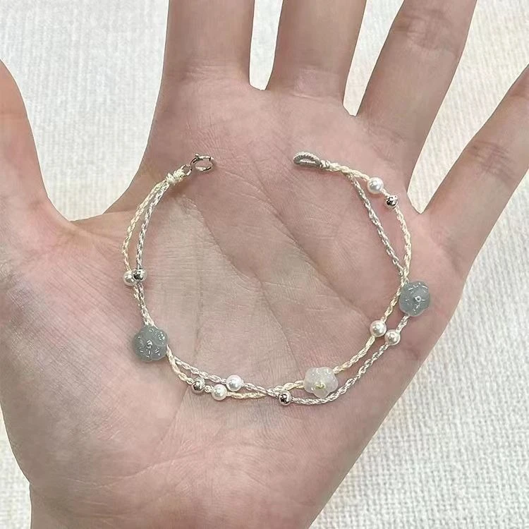 锌合金手链 花朵手链女桃花国风手工编织简约轻奢小众转运珠手饰
