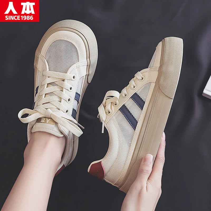 人本帆布鞋2025新款春夏季厚底百搭舒适休闲小白鞋网面透气板鞋子