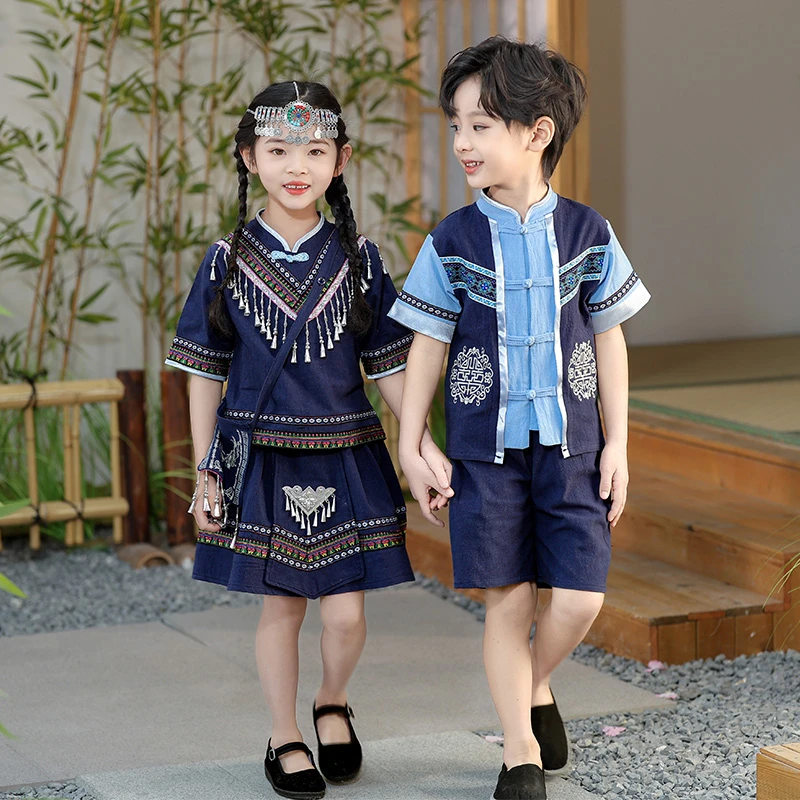 儿童少数民族三月三服装新中式壮族侗族苗族童装演出服黎族表演服