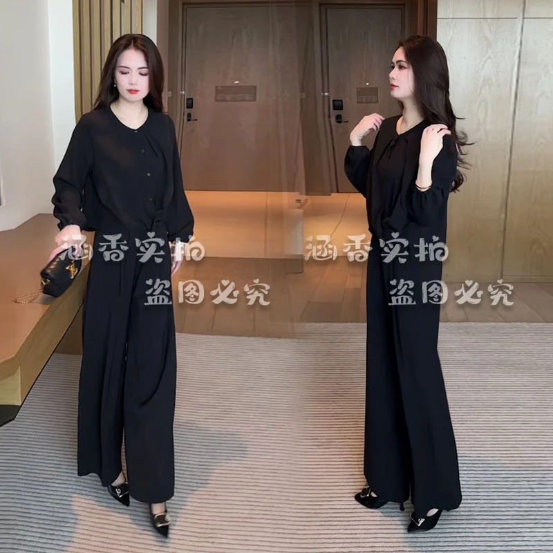 起素品牌2024秋季新款黑色显瘦气质宽松洋气套装女031
