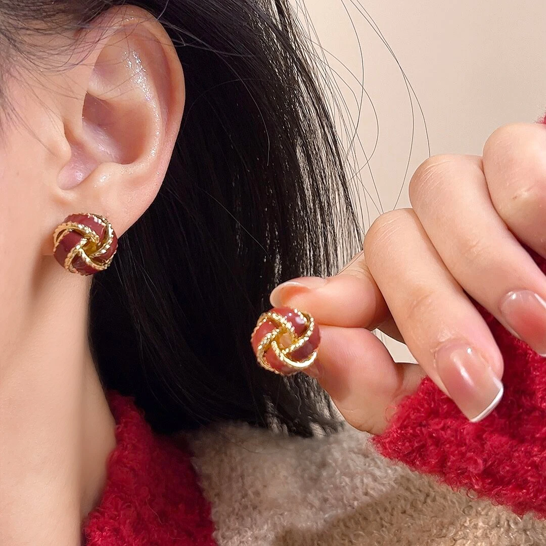 铜合金耳饰 925银针耳饰复古红色麻花缠绕耳环气质轻奢耳钉-731