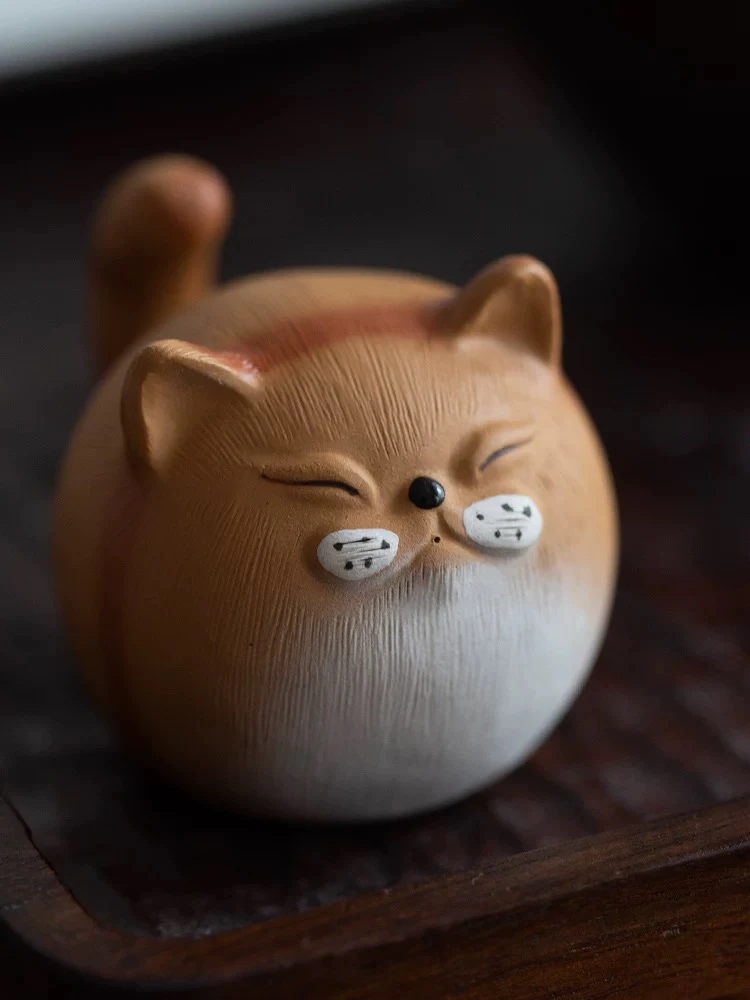 【秋兮】宜兴原矿紫砂茶宠猫摆件个性创意泥绘招财猫雕塑茶玩老虎
