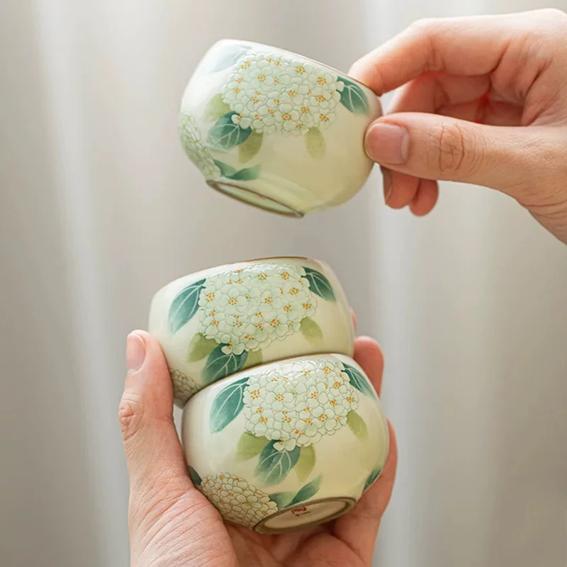 陶瓷功夫米黄汝窑绣球花茶杯主人杯汝瓷个人单杯小茶杯客杯品茗杯