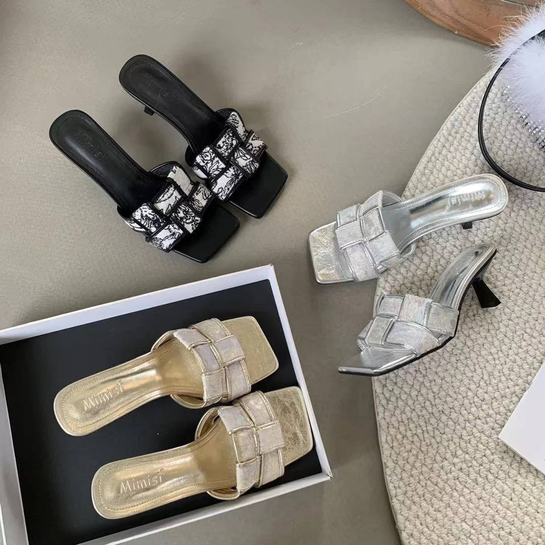 复古新中式编织方头高跟凉鞋女2024新款外穿办公室一字拖鞋