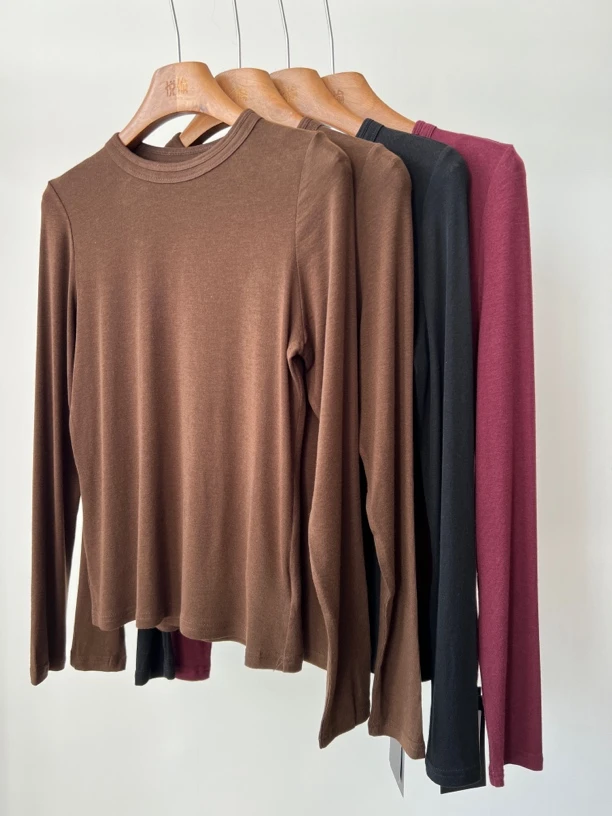 圆领贴身三色打底衫显瘦长袖百搭网红针织紧身修身圆领纯色保暖